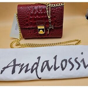 Andalossi Red Crocodile Embossed Leather Crossbody Shoulder Bag Gold w/ Dust bag